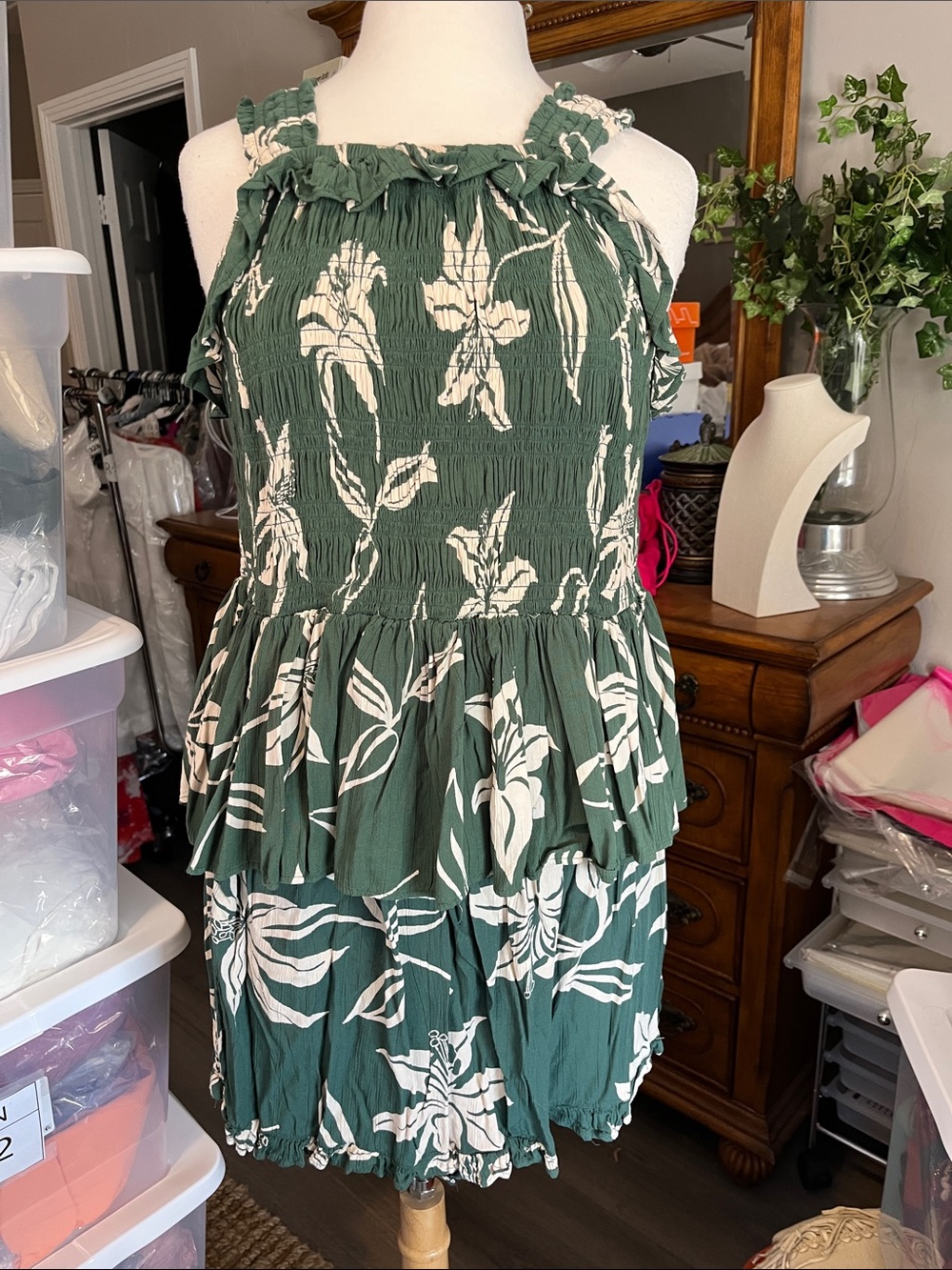Green Floral Smocked Short Set with Ruffles